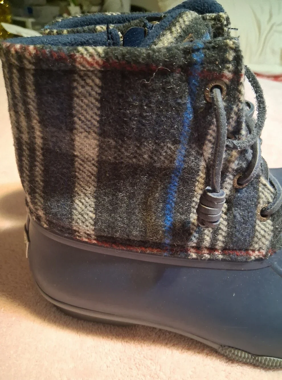 Sperry Top Sider Navy Blue Plaid Wool Duck Boots Waterproof Size 7M Rain Winter